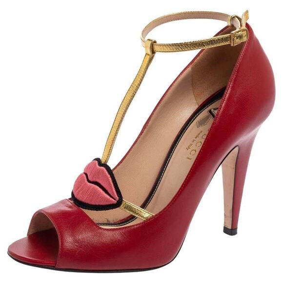 Gucci Molina Embroidered Lips T-Strap Red/Gold Leather Pumps 37.5 - Picture 3 of 11